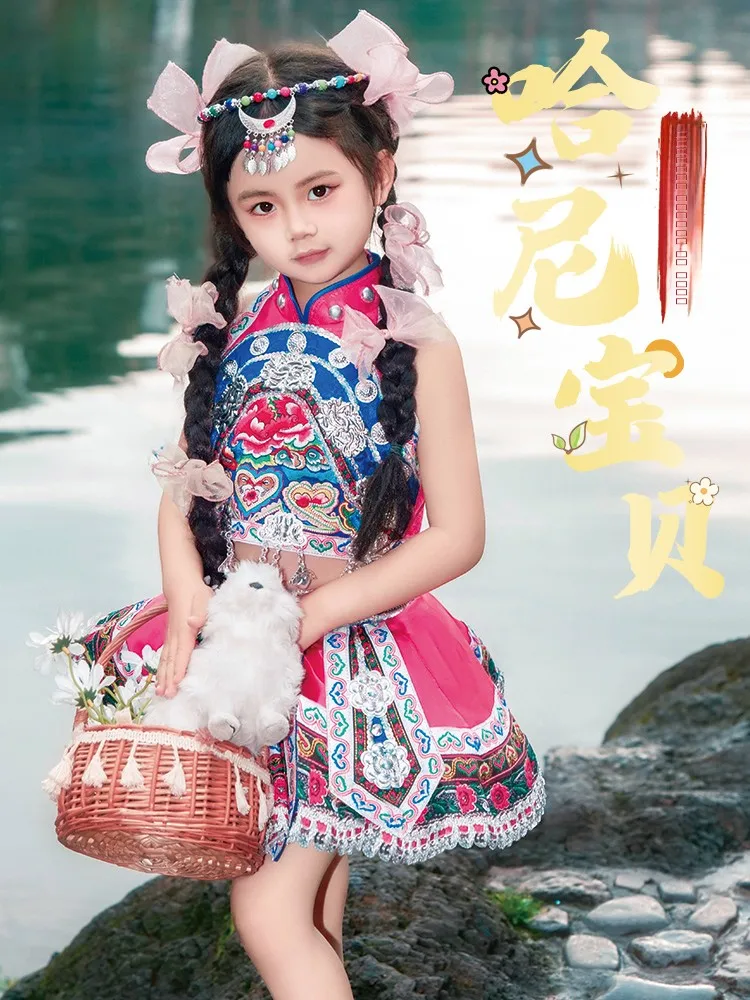 

Детская одежда для национальных танцевальных выступлений: Красный этнический костюм девочки-хуичол с узором «Горные фрукты», наряд для детского сада и малышей