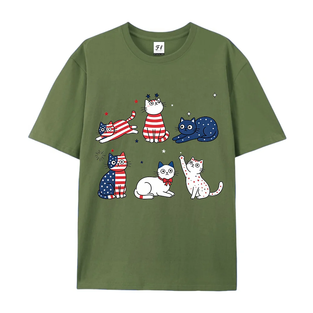 Funny Patriotic Cute Cat Comfort Color T-Shirt Cat Lover Gift 4th Of July Shirt US Flag Color Kitten Print Crew Neck Cotton Tee
