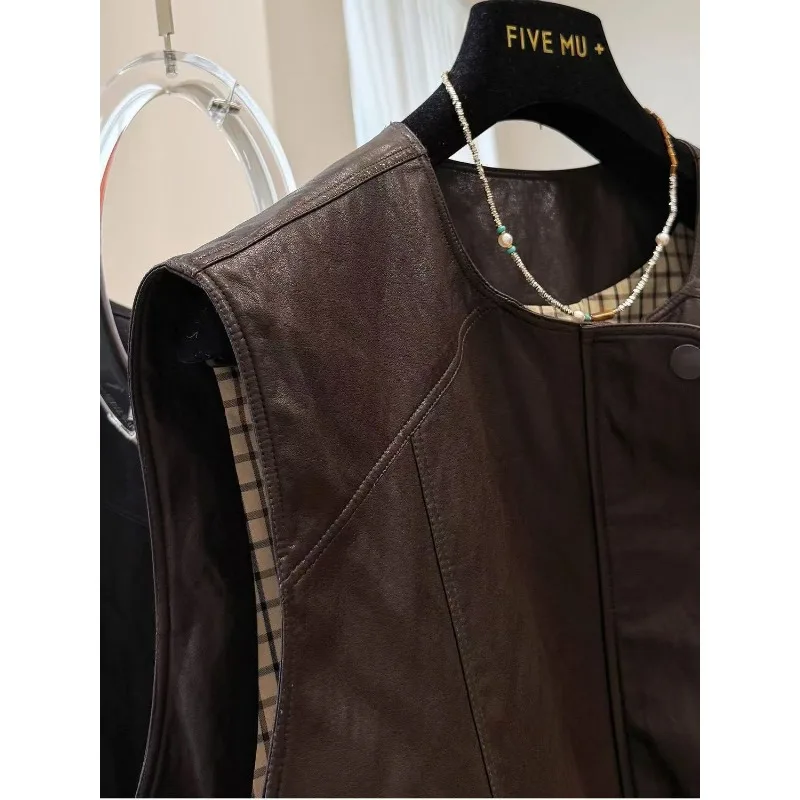 Giacca da donna in PU con scollo tondo vintage a vento, cappotto autunnale senza maniche in ecopelle per donna