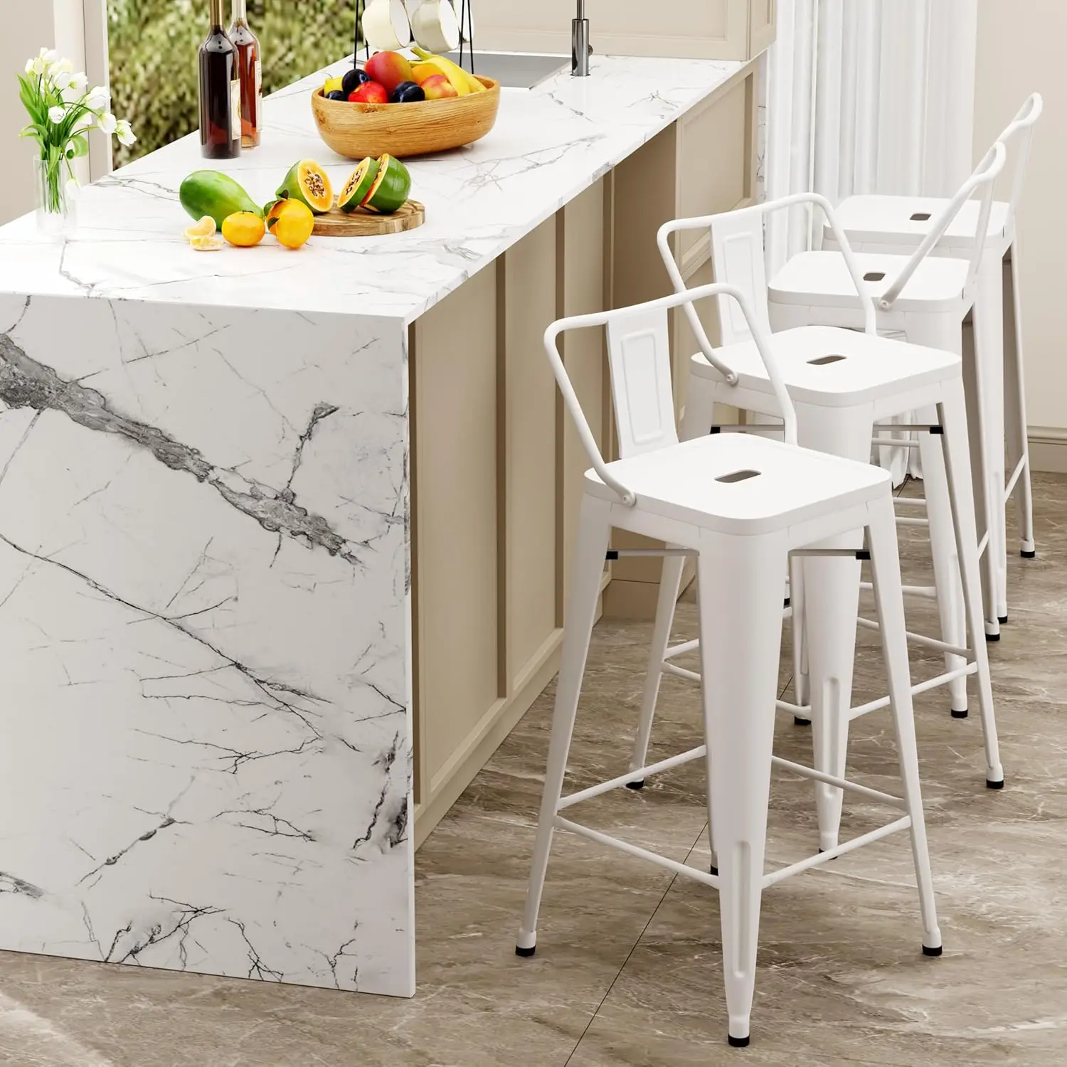 

Металлические барные стулья Набор из 4 промышленных барных стульев со спинками, для использования в помещении и на открытом воздухе, 30 дюймов, белый