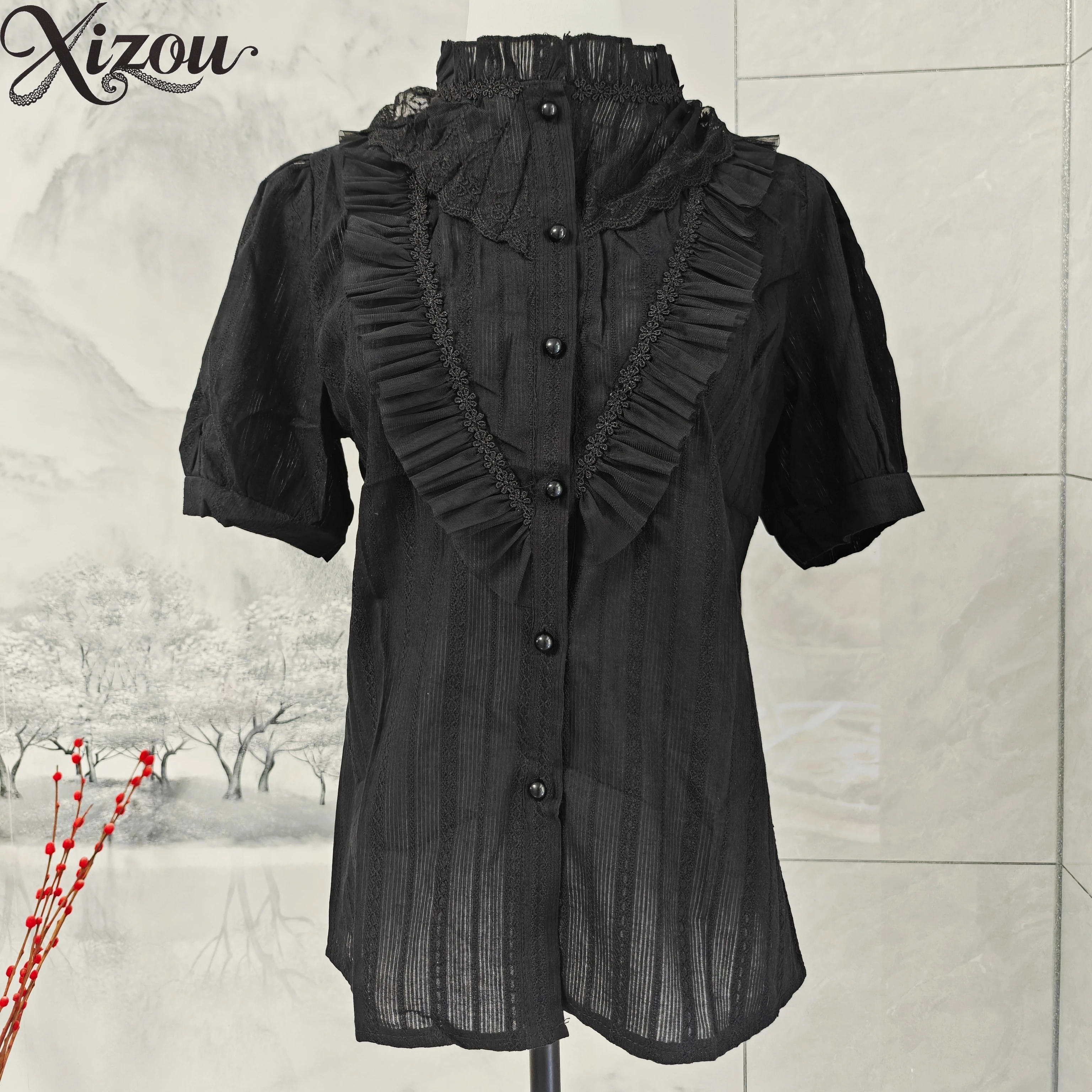 

Lolita Black and White Jacquard Summer Womens Tops Stand Collar Ruffled Lace Lantern Short Sleeve Base Shirt Inner Wear