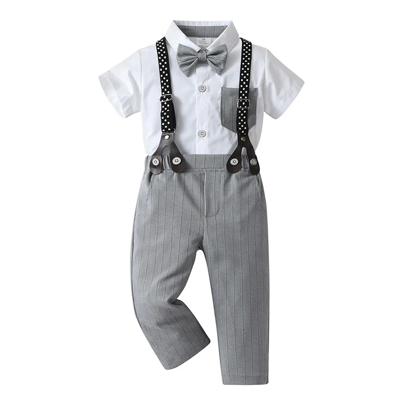 

Summer Baby Boy Clothes Set Short Sleeve Shirt Bowtie +Suspenders Trousers 3pcs Kids Birthday Party Children Gentleman Suit