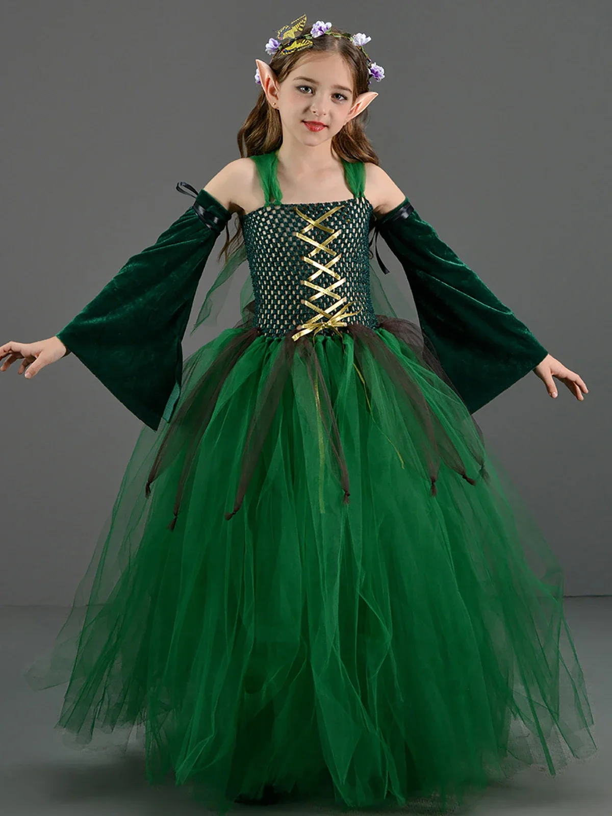 

Kids Girls Cosplay Mesh Tutu Dancewear Forest Dark Green Performance Costume Halloween Carnival Party Dancewear Princess Dress