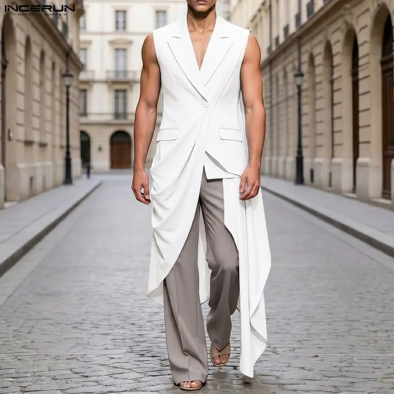 INCERUN Men Vests Solid Color Lapel Sleeveless One Button Irregular Waistcoats For Man Streetwear 2026 Fashion Long Style Vests