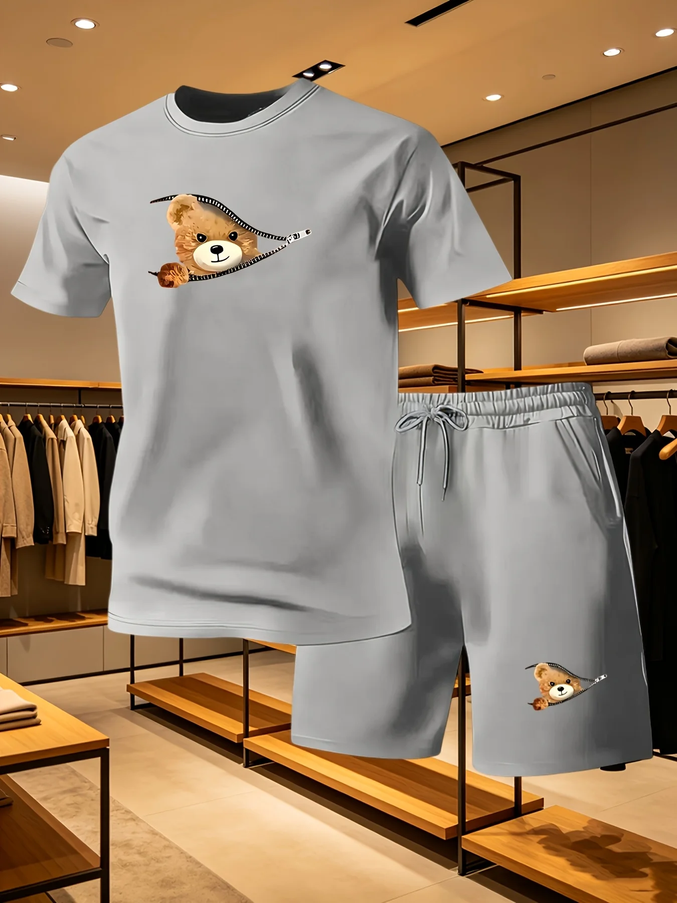 Summer Holiday Essential Men Casual Set Zip Bear Printed Crew Neck Tshirt Loose Beach Shorts Comfort Home Loungewear