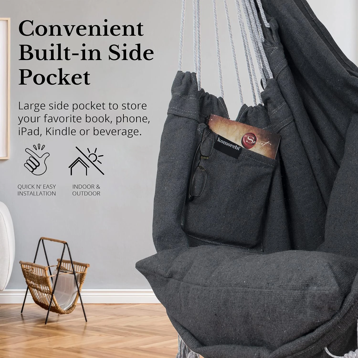 Side storage pocket details holding book and tablet