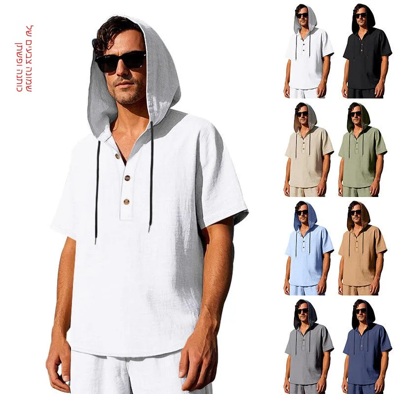 

Men's Summer Casual Loose Linen Short Sleeve Shirt with Hat Henry Style Beachwear Fashionable And Comfortable Unisex Clothing