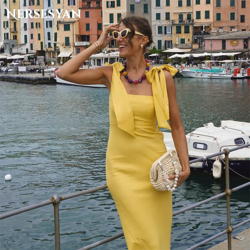 Nersesyan élégant jaune sirène robes de soirée bretelles Spaghetti nœud col carré robes formelles robe de soirée d'invité personnalisé