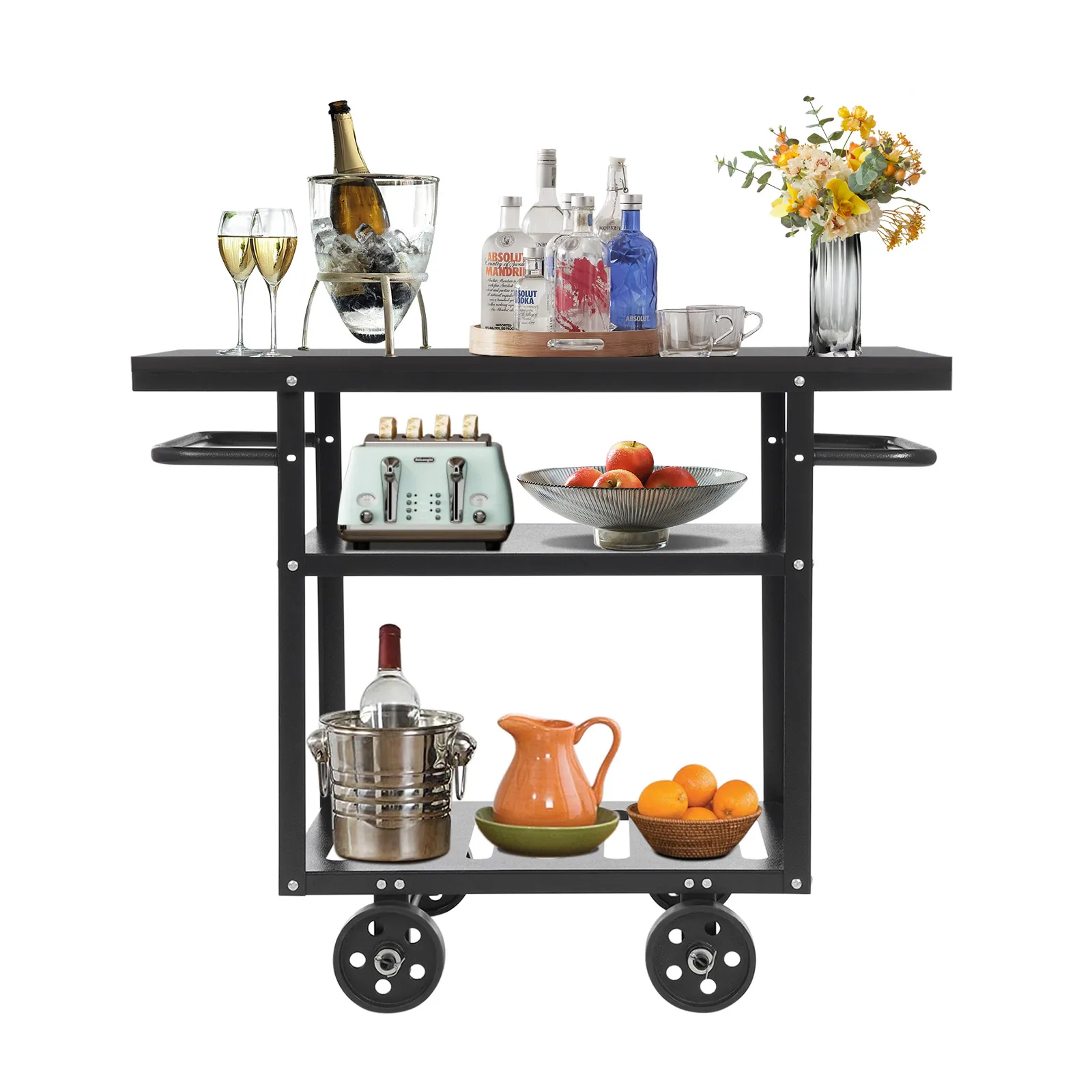 عربة بار دوارة مقاس 4.7 بوصة، عربة تقديم متنقلة صناعية مع مساحة تخزين، عربة تخزين المطبخ لغرف التخزين