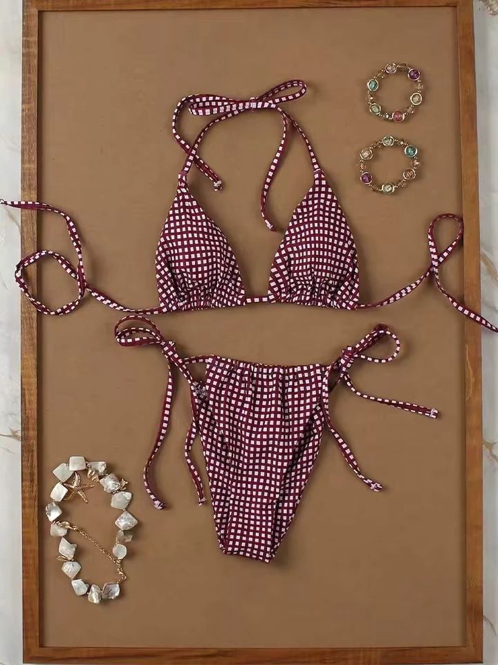 

Vzvn Fashion Sexy Laced Up Grid Bikinis Women Split Swimsuit Beach Vacation Bikini 2026 All Season Backless Bikinis 2 Piece Set