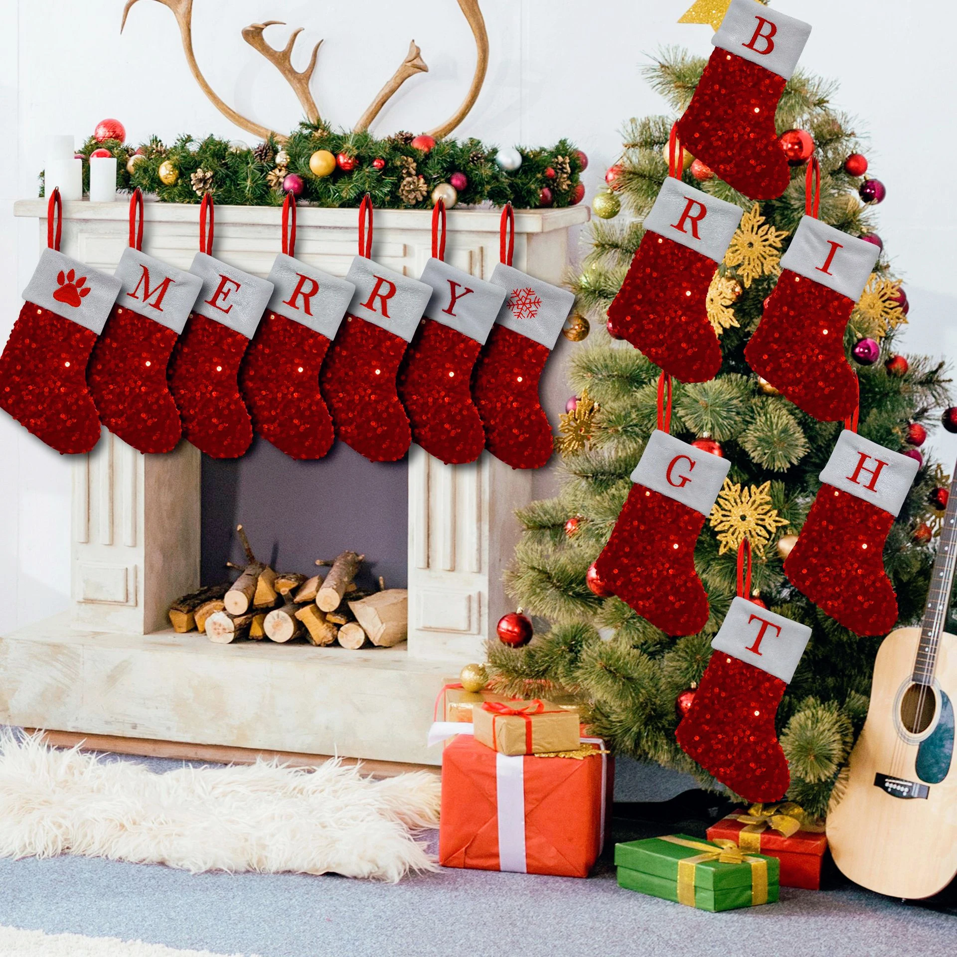 

Embroidered Letter Christmas Stockings Knitted Xmas Socks with 26 Alphabet Designs for Fireplace Family Holiday Home Decor