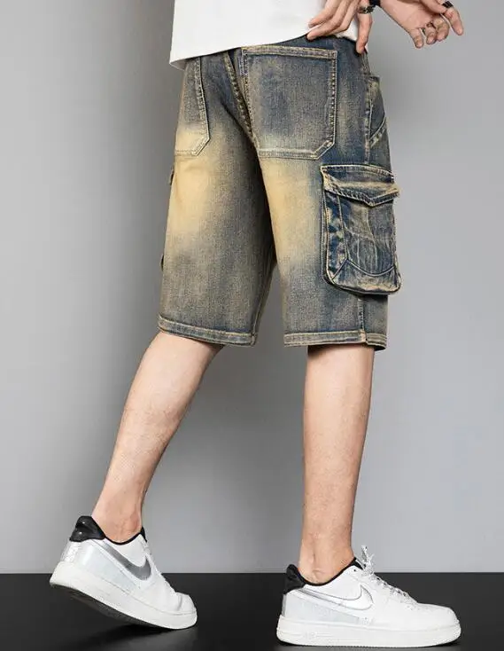 Men Jeans Multi Pocket Summer Loose Male Distressed Wide Leg Knee Length Shorts Washed Fashion Denim Shorts