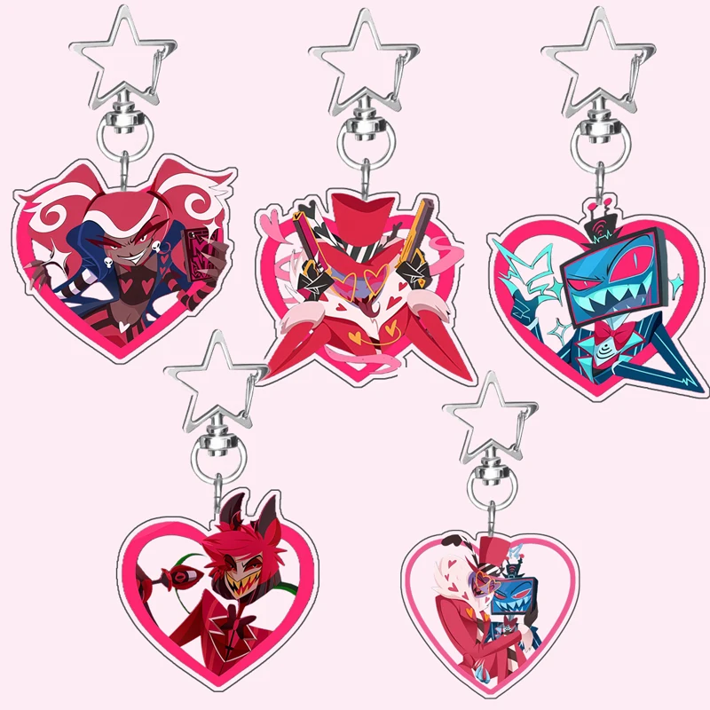 Pendentif de décoration de sac en acrylique en forme de cœur de personnage d'anime de 6 cm pour les fans de Hazbin Hotel Charlie Alastor Vox Cadeau