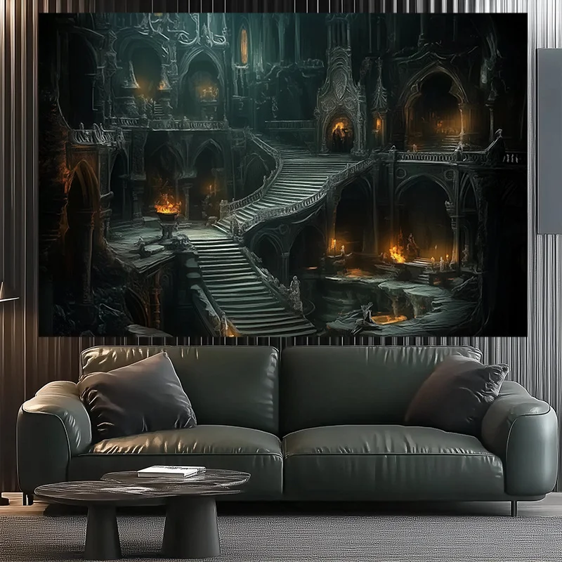 Dramatic Gothic Fantasy Castle Mural Tapestry Wall Hanging Print Dark Academia Epic Ruined Palace Staircase Art Room Decor Canva