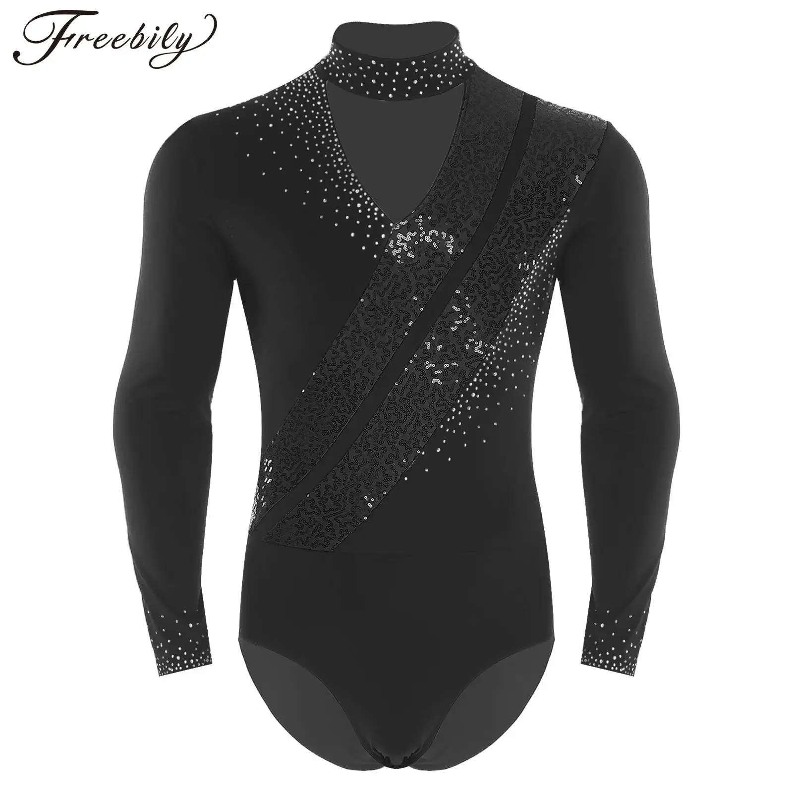 Body d'acrobatie à paillettes scintillantes pour hommes, combinaison de danse latine, Costume de Ballet de patinage artistique, justaucorps de gymnastique à manches longues