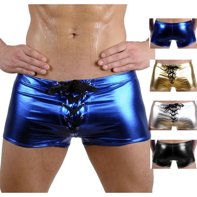 Men Shiny PU Patent Leather Boxer Shorts Tight Fitness Bottoms Pole Dance Stage Performance Lingerie
