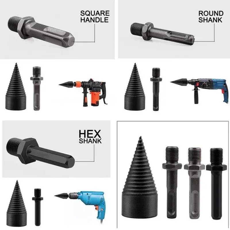 32/42/50mm Removable Wood Splitter Screw Cones Drill Bits Wood Square/Round/Hex Shank Drill Bit Firewood Log Splitter Drill Bit