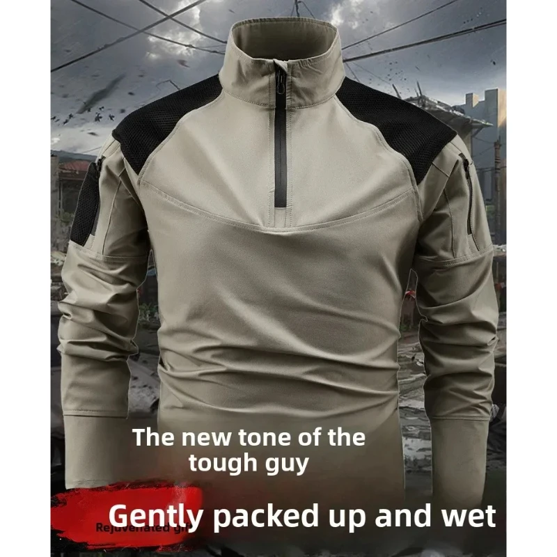 

Осенние мужские эластичные спортивные тренировочные футболки 1/3 с воротником на молнии, тактический костюм лягушки, уличная рубашка для рыбалки и пешего туризма, пуловер с несколькими карманами