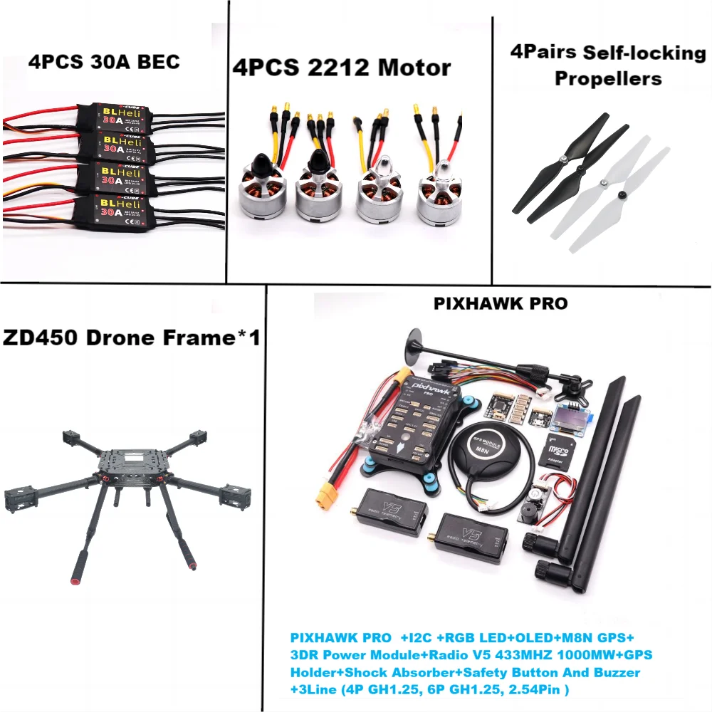 PIXHAWK PRO Flight Control Carbon Fiber 450 Frame Kit Ardupilot 100MW Radio Telemetry Quadcopter BLHELI 30A 2212 Motor ESC