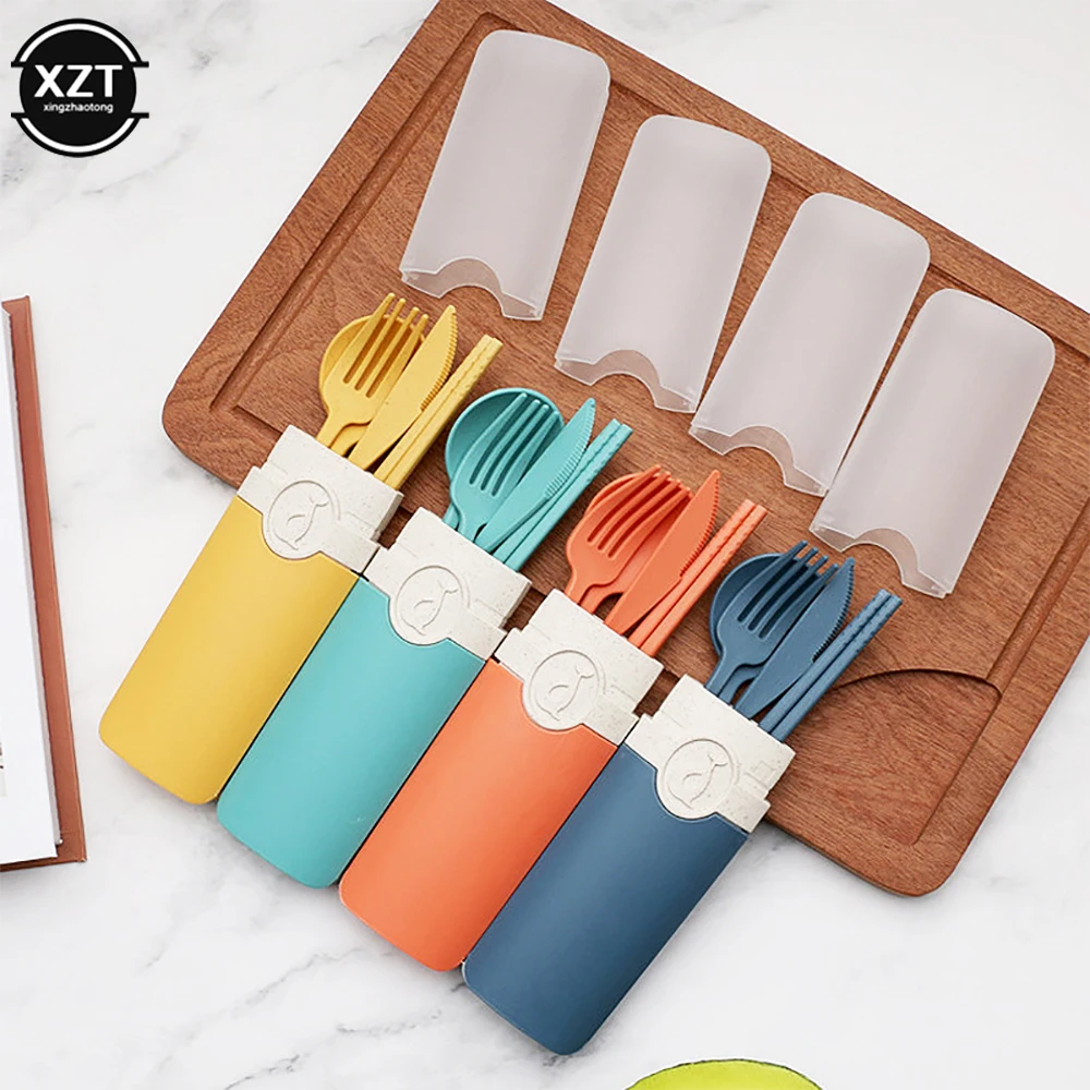 Portable Reusable Spoon Fork Travel Picnic Chopsticks Wheat Straw Tableware Cutlery Set With Carrying Box For Student Office