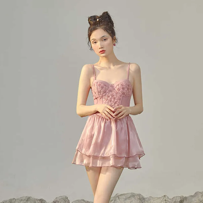 Korean Style Swimsuit Woman 2023 Solid Sexy Camisole Backless One Piece Swimsuit With Shorts Skirt Bikinis Sets