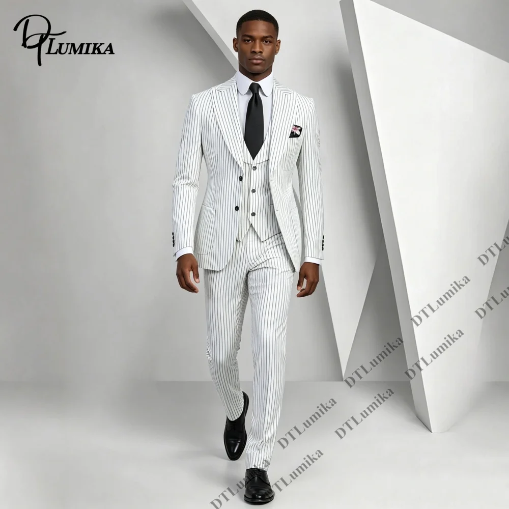 Men's Classic Pinstripe Suit 3 Piece White Black Stripe Slim Fit Business Formal Office Work Wedding Blazer Vest Pants Set