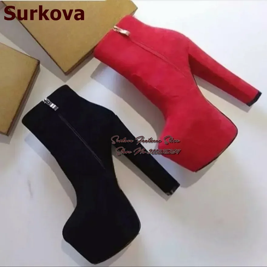 Surkova Hot Red Nude Black Suede Chunky Heel Ankle Boots Sky High Platform Zipped Short Booties Motorcyle Boots Dress Shoes