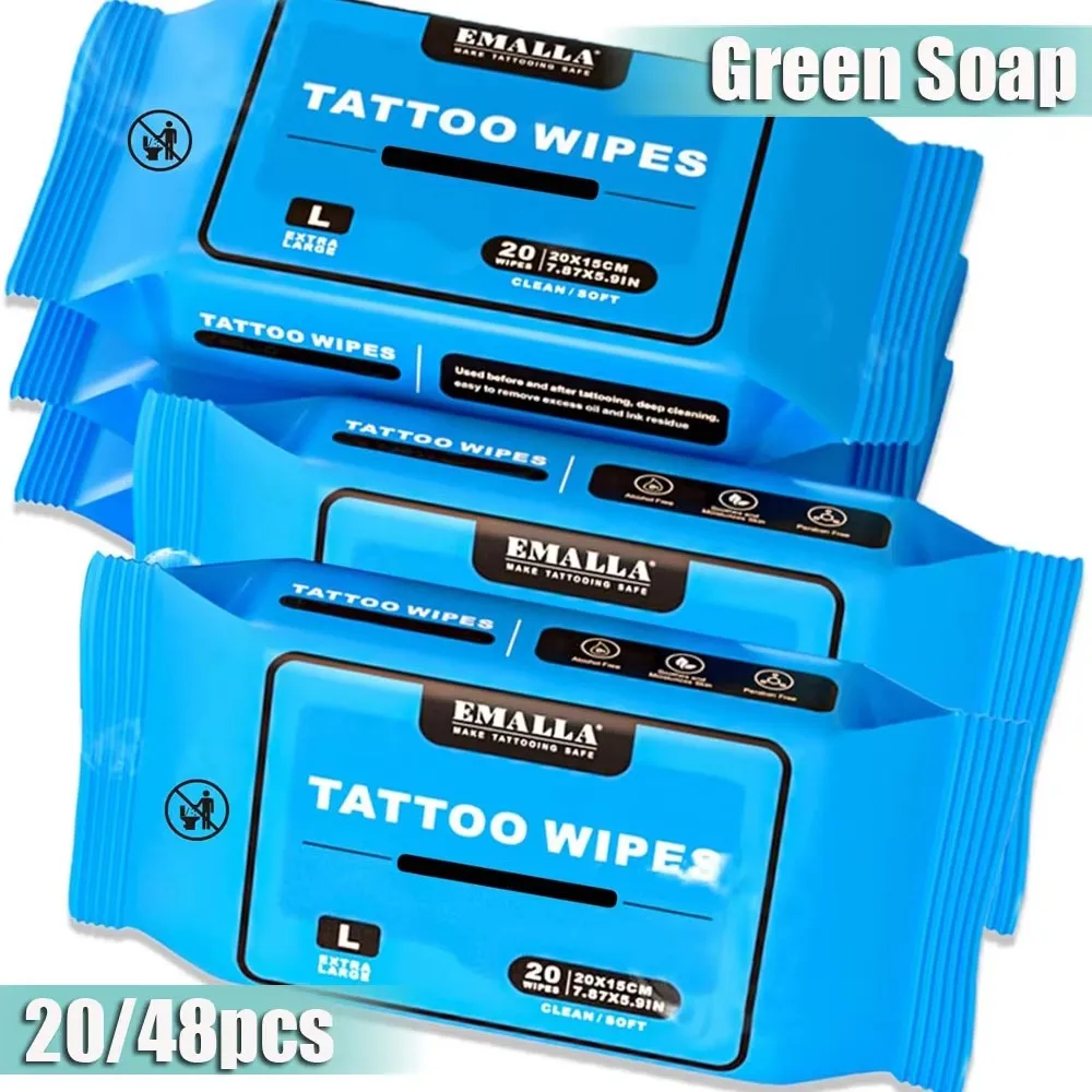 EMALLA Green Soap Tattoo Wipes Cleaning Tattoo Care Wipe for During Tattooing Aftercare Permanent Makeup Tattoo Accessories
