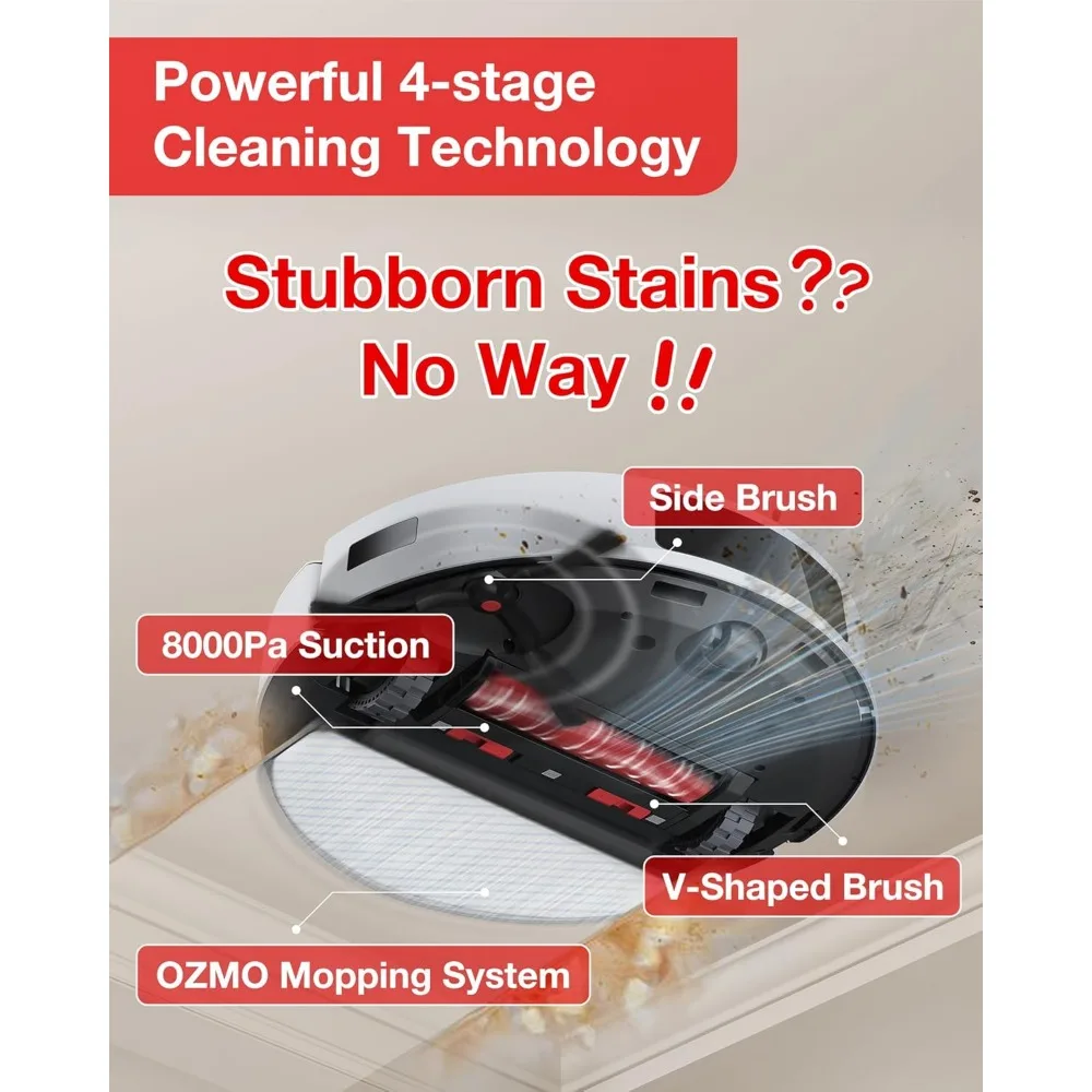 C12 로봇 진공 청소기 및 걸레, 8000Pa 강력한 흡입, 제로탱글 브러시, 스마트 내비게이션, 자체 충전, 알렉사 화이트 호환