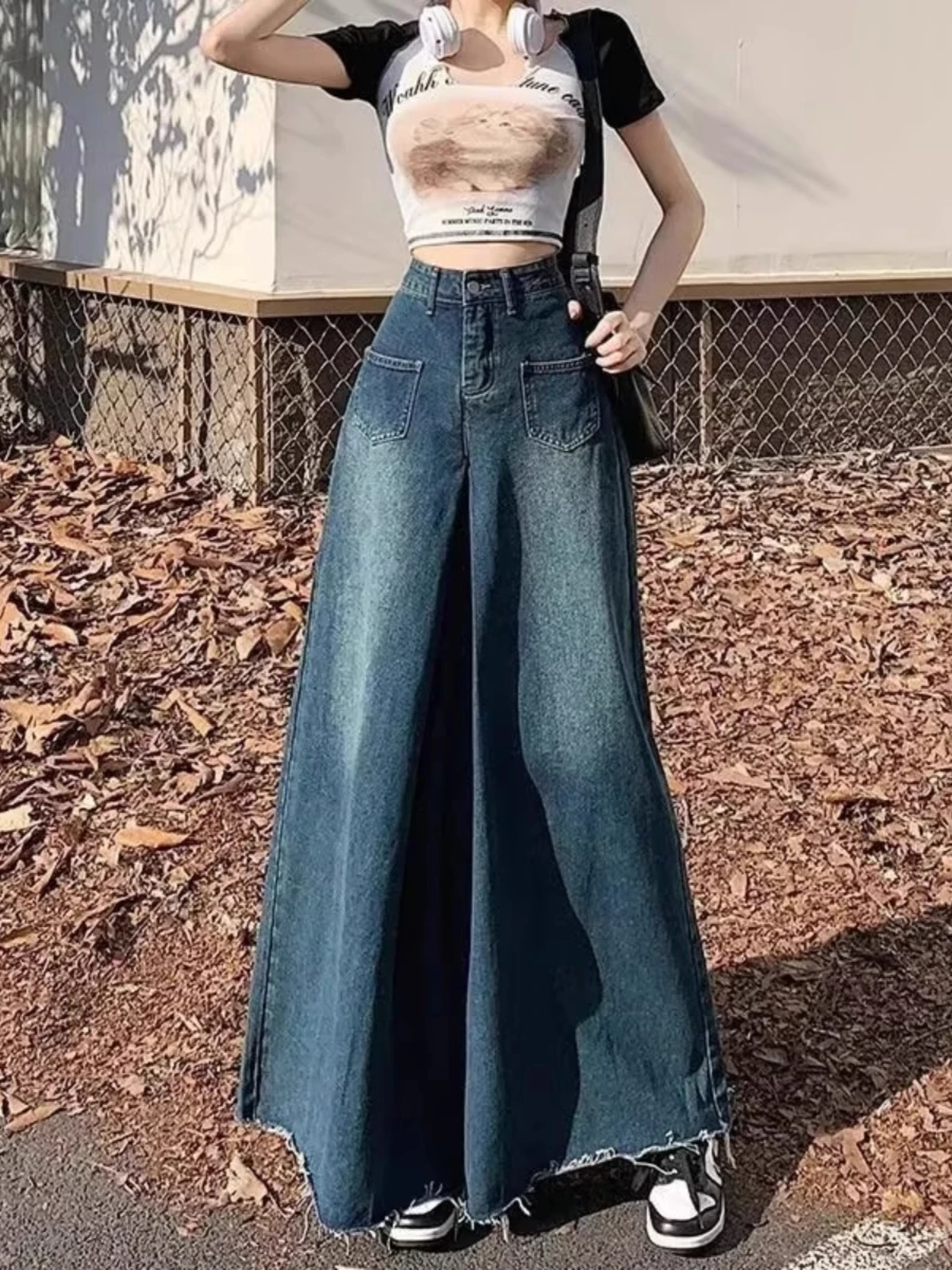 

High Waist Wide Leg Denim Skirt Women's Spring Autumn plus Size Loose Floor Length Pants Retro Frayed Hem Pear Shaped Body Sl...