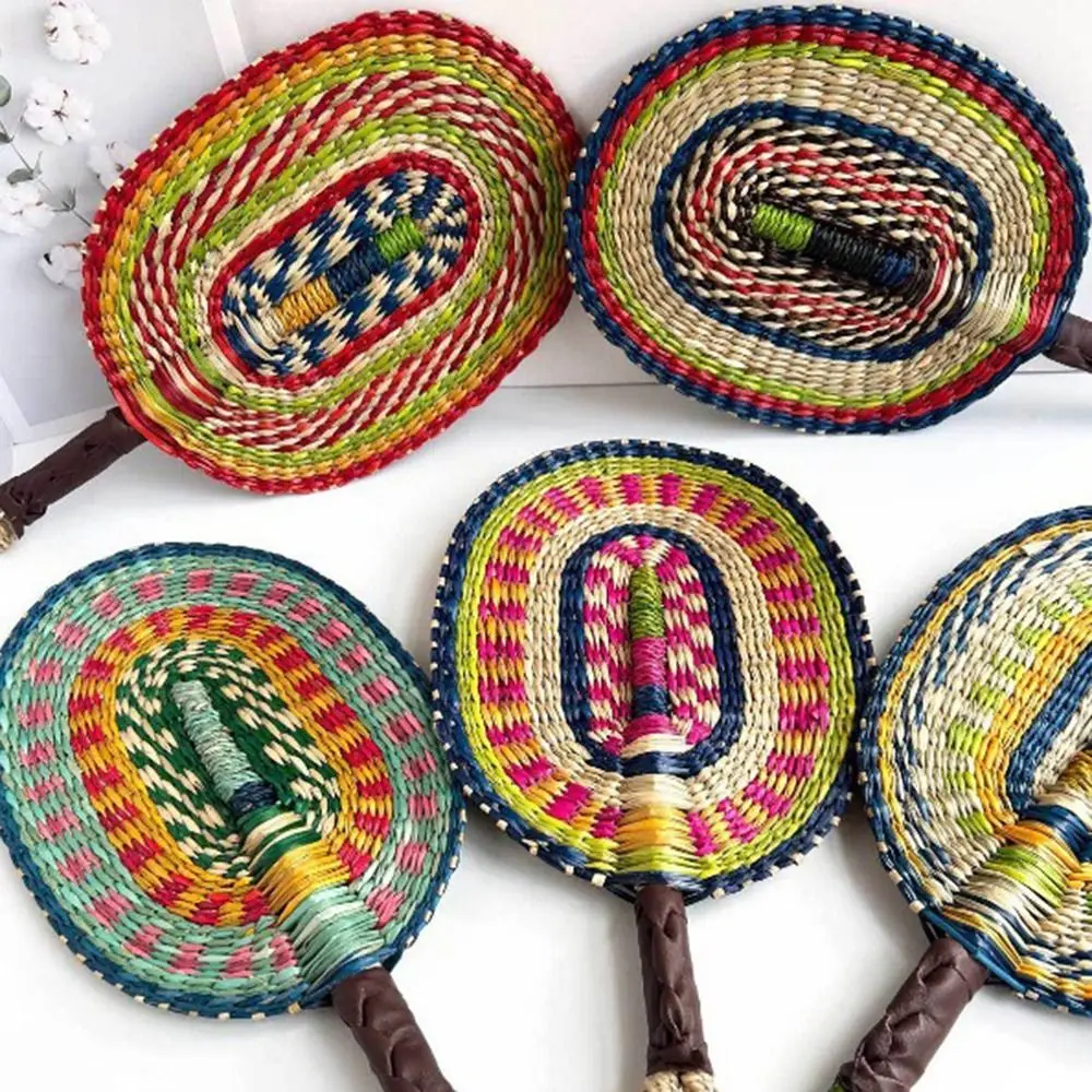 

Colorful Striped Patterns Seagrass Woven Fan Bohemian Vintage Cattail Fan Natural Lightweight Decorative Handheld Fans Beach