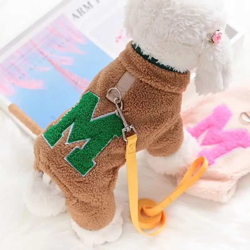 

Pet Small Dog Pomeranian Bichon Teddy Dog Clothes Autumn and Winter Thickened Warm Belt Traction Rope Four-legged Fleece