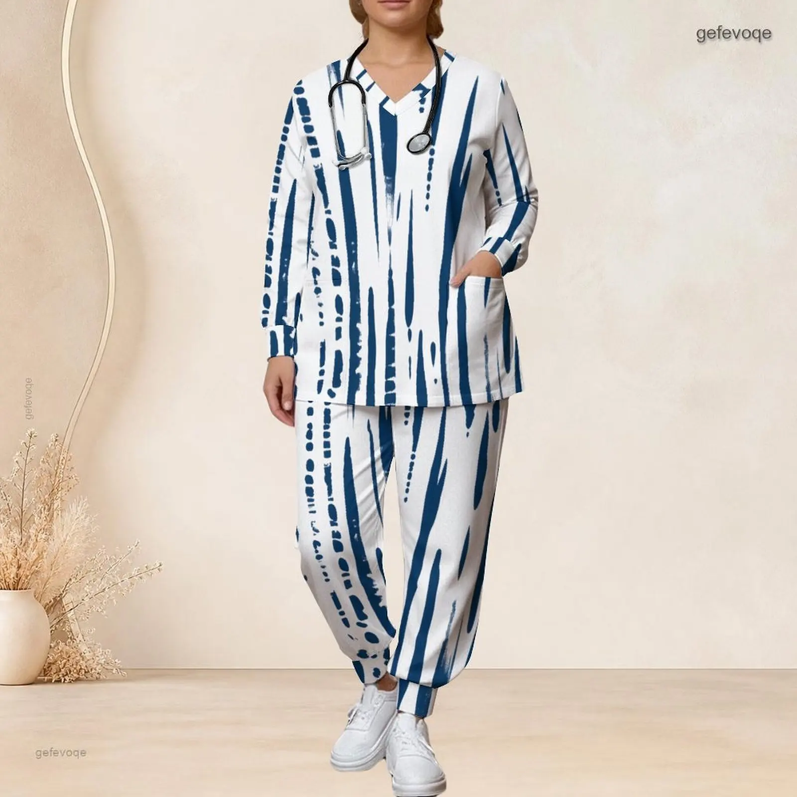 Women V Neck Long Sleeve Pocket Top Long Pants Two Piece Printed Scrub Set