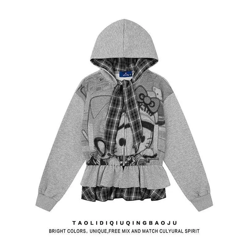 Sanrio Hello Kitty Kawaii Anime mode décontracté imprimé Plaid sweat à capuche Cardigan ample veste ensembles en Promotion pantalon