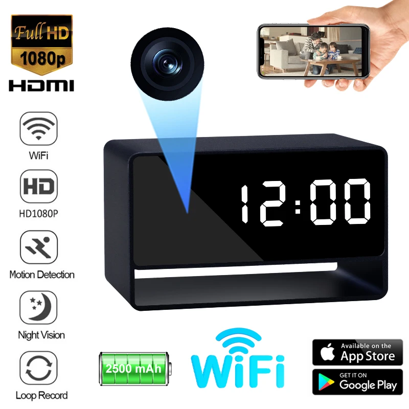 Telecamere con orologio digitale Full HD App per visione notturna Wifi Monitoraggio remoto Rilevazione del movimento Registrazione automatica del loop Mini videocamera domestica