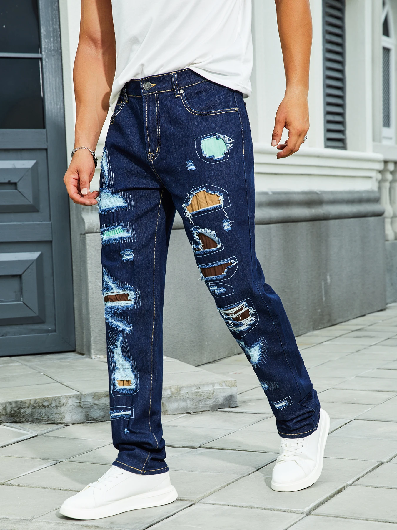 Men's Fashion Stretch Pants, Full Ripped, Ripped Embroidery Above, Ripped Colored Drag Cloth, Suitable For All Seasons-115