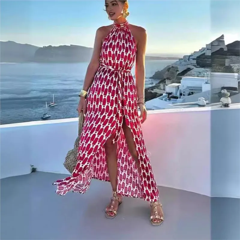 

Boho Vacation Halter Dress Women 2024 Summer Sexy Sleeveless High Slit With Belt Slim A-line Long Dresses Ladies Beach Vestidos