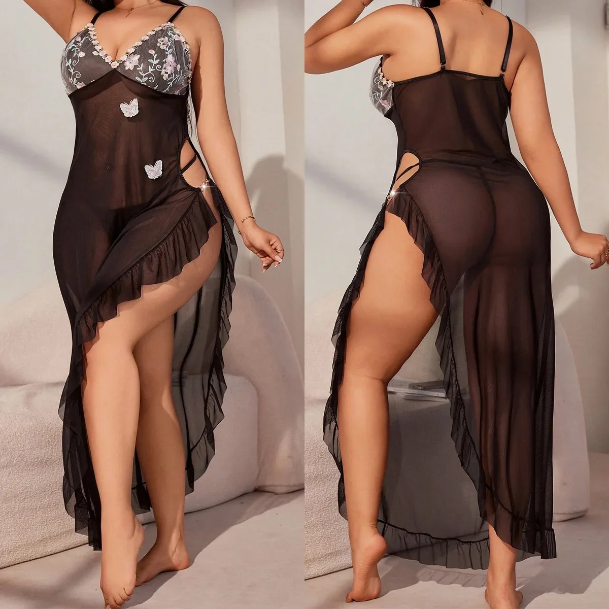 

369bibi Plus Size Sheer Erotic Lingerie Set - Sexy High-Slit Slip Dress Nightwear, Alluring Long Nightgown Daring To Catch Hot