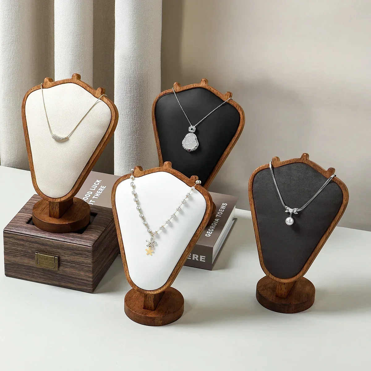 

1pc Vintage Wooden Jewelry Display Stand - Velvet Bust Necklace Holder & Organizer for Home Decor