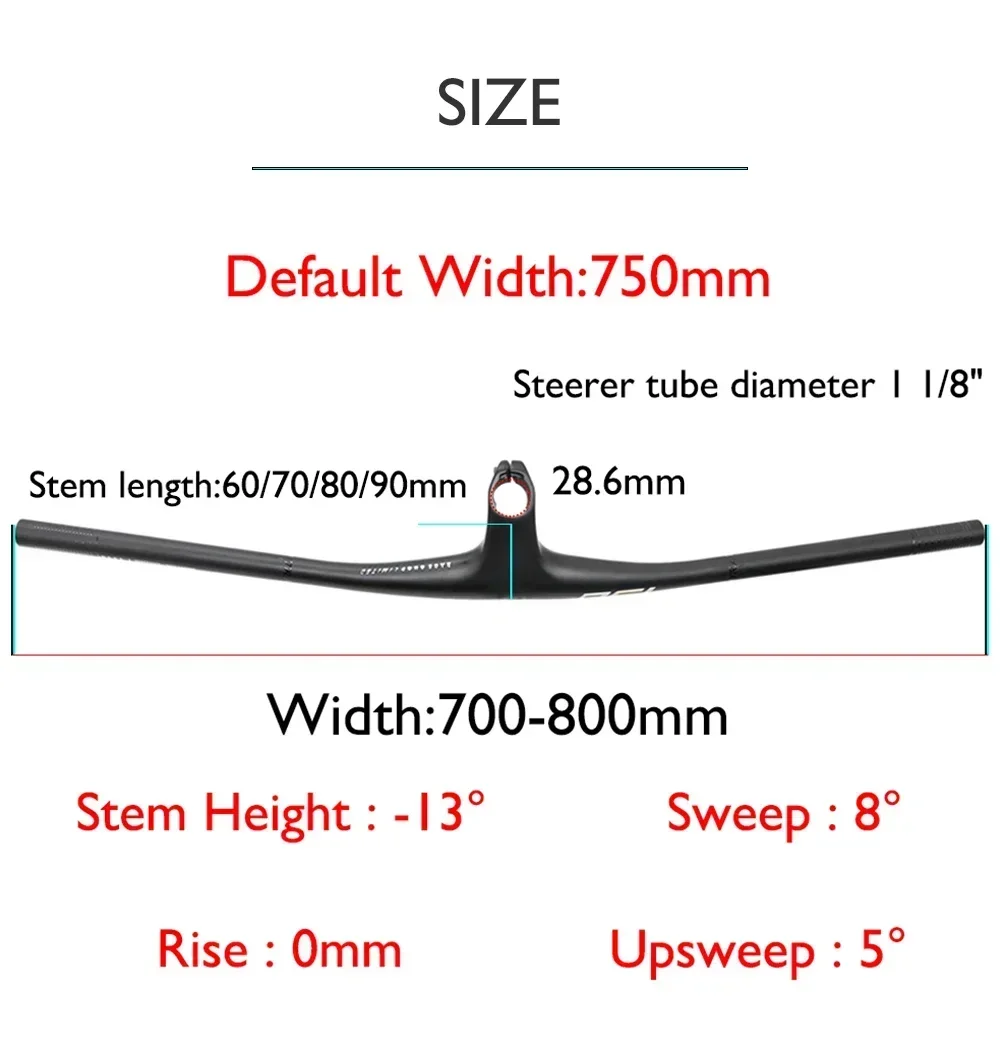 RSL Integrated Full Carbon Handlebar, 13 ° Stem, sem logotipo, Cockpit, MTB, 70mm, 80mm, 90mm x 750mm Mountain Handlebar
