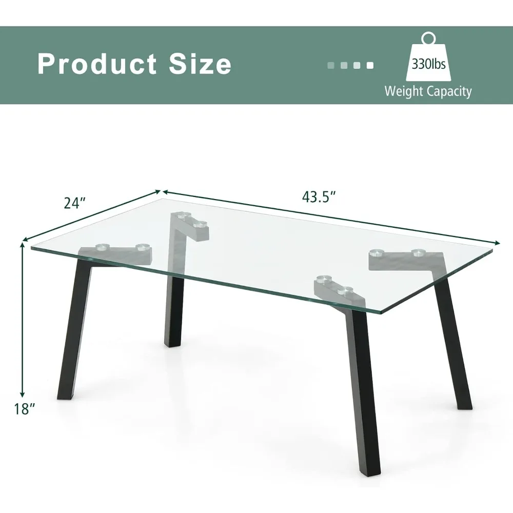 Tempered Glass Coffee Table, Rectangular Center Table with Heavy Duty Metal Frame, Modern Cocktail Table, Clear Tea Table for L