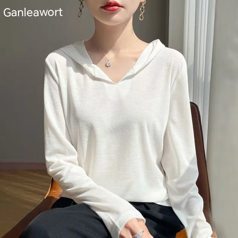 

Spring And Summer New 100% Hooded Pullover Knitted Sweater V-Neck Women's Long Sleeved Loose White Casual Hoodie Top Thin