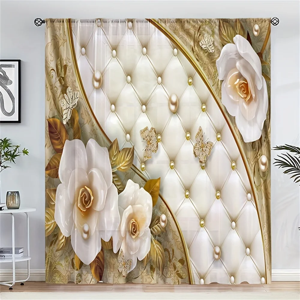 Luxury Pearl Gold Flower Diamond Rose Girl Window Curtains Blinds for Living Room Kids Bedroom Home Decor Door 2Pieces Office