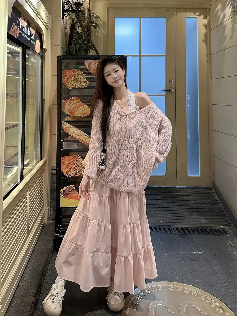 

Sweet Style Three-Piece Set Bow Loose Long Sleeve Knitted Sweater Lace Suspender Long Skirt Women Autumn Fashion Suit