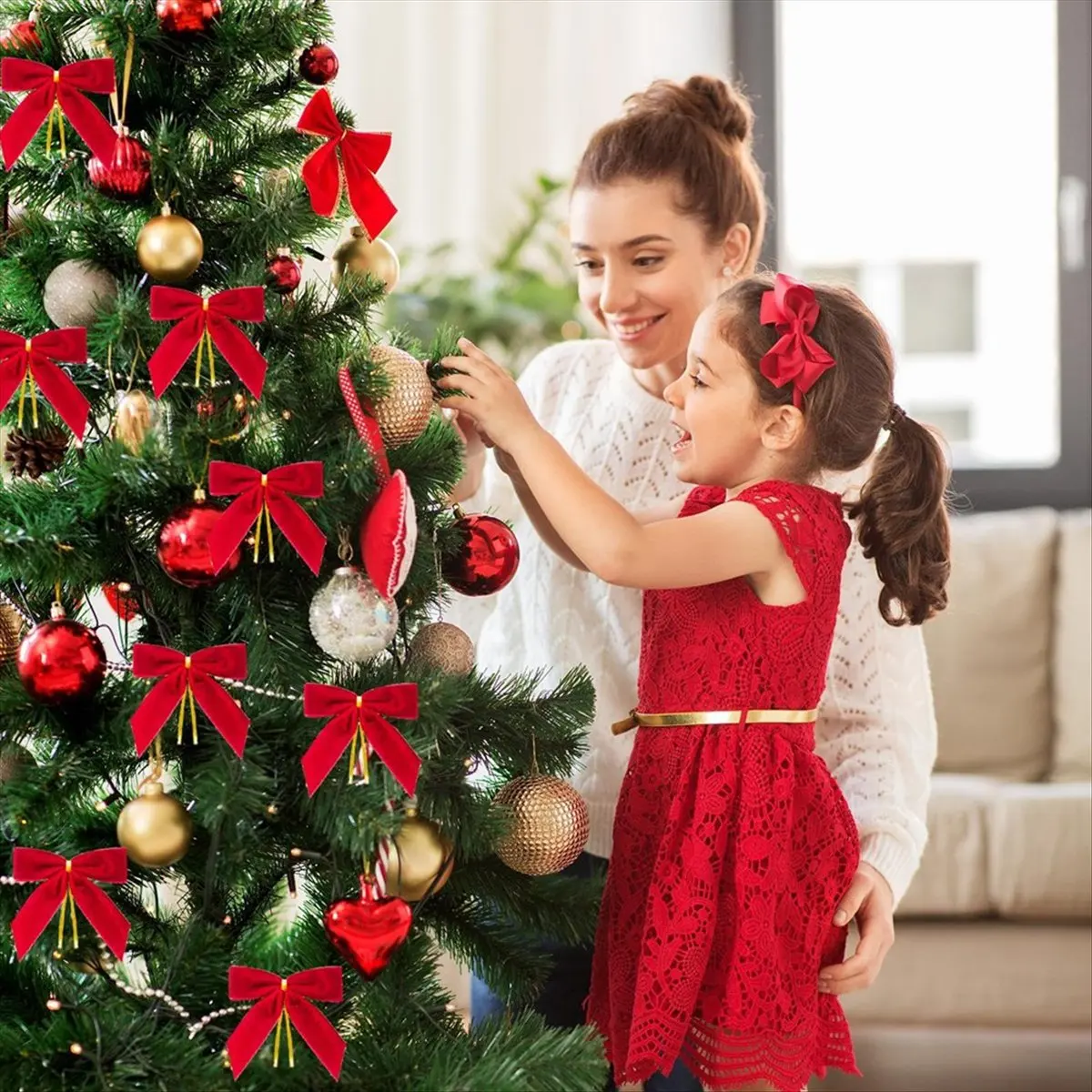 24 PCS Arcos de Natal Decorações de suspensão de Natal Enfeites de árvore de Natal com laço vermelho