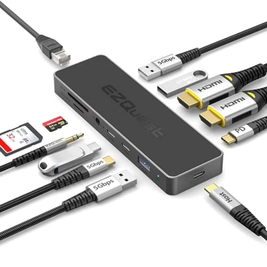 

USB-C Hub 12-in-1: Dual 4K 60Hz HDMI, 100W PD, Gigabit Ethernet, 5X USB Ports 2X USB-C, 3X USB-A 5Gbps,SD/MicroSD, Audio Jack -