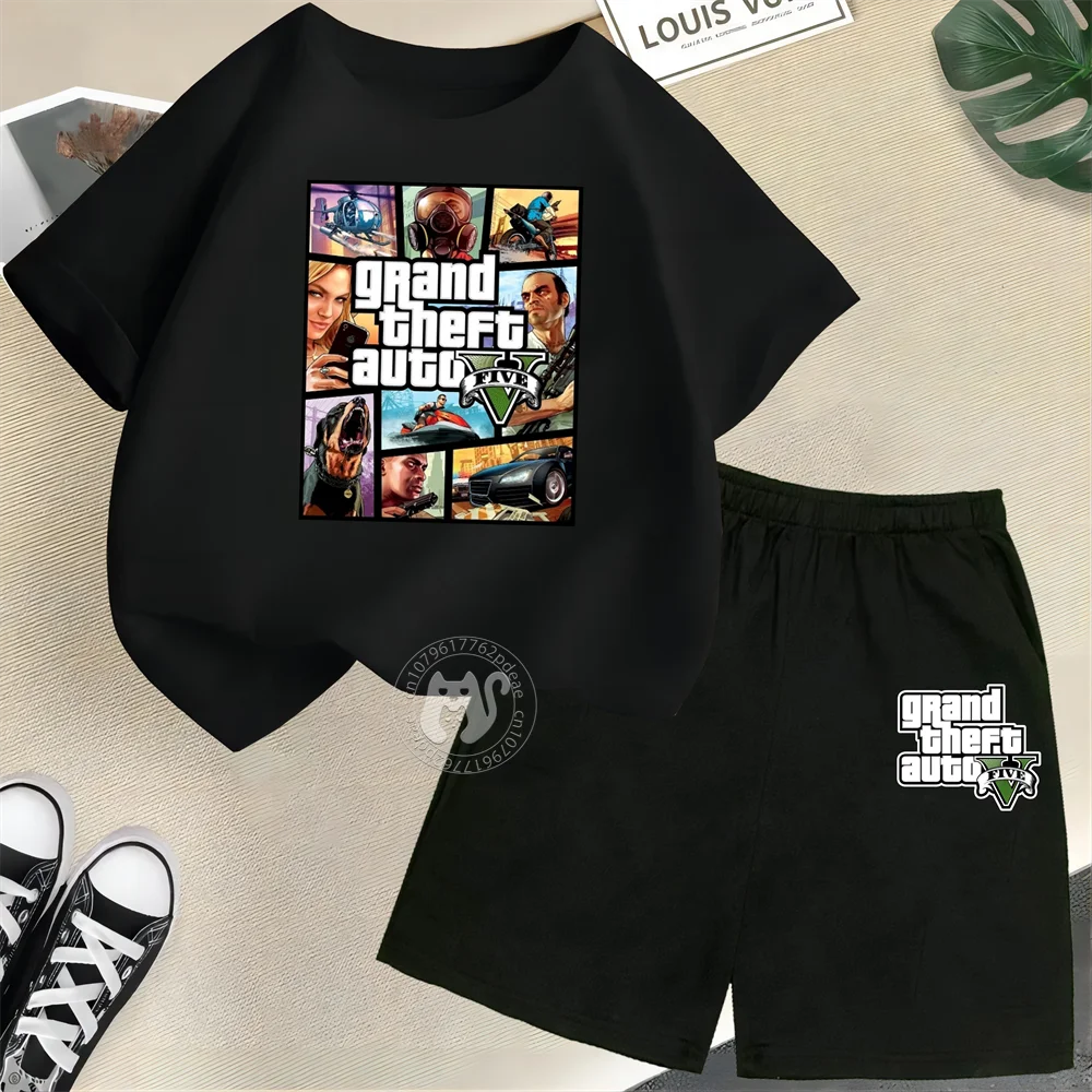 Grand Theft Auto GTA 5 Children\'s Short Sleeve Set Boys Girl Round Neck T-shirt+shorts Leisure Cotton Summer fashion Clothing