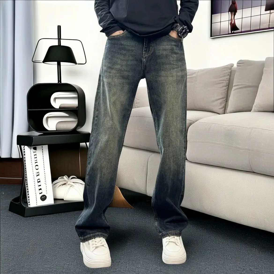 

Брендовая одежда 2025 года, новые джинсы в американском стиле High Street, мужские летние трендовые эластичные повседневные свободные прямые брюки с вышивкой в стиле ретро