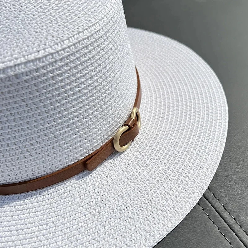 2024 Simple Straw Summer Women Beach Hat Female Casual Panama Hat Lady Brand Women Flat Brim Bowknot Straw Cap Girls Sun Hat