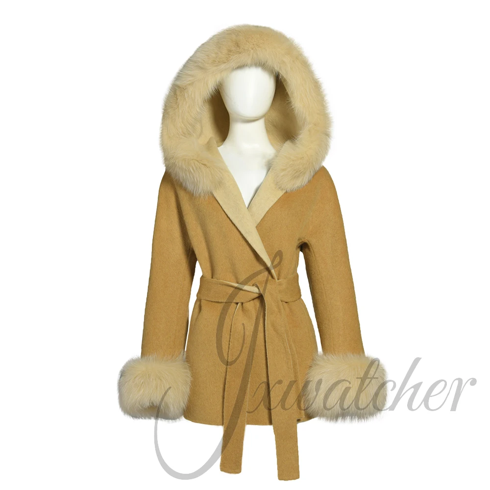 Jxwatcher 양면 울 코트 리얼 폭스 퍼 2025 가을 겨울 패션 후드 코트 여성 패션 루즈 스타일 재킷 신상품